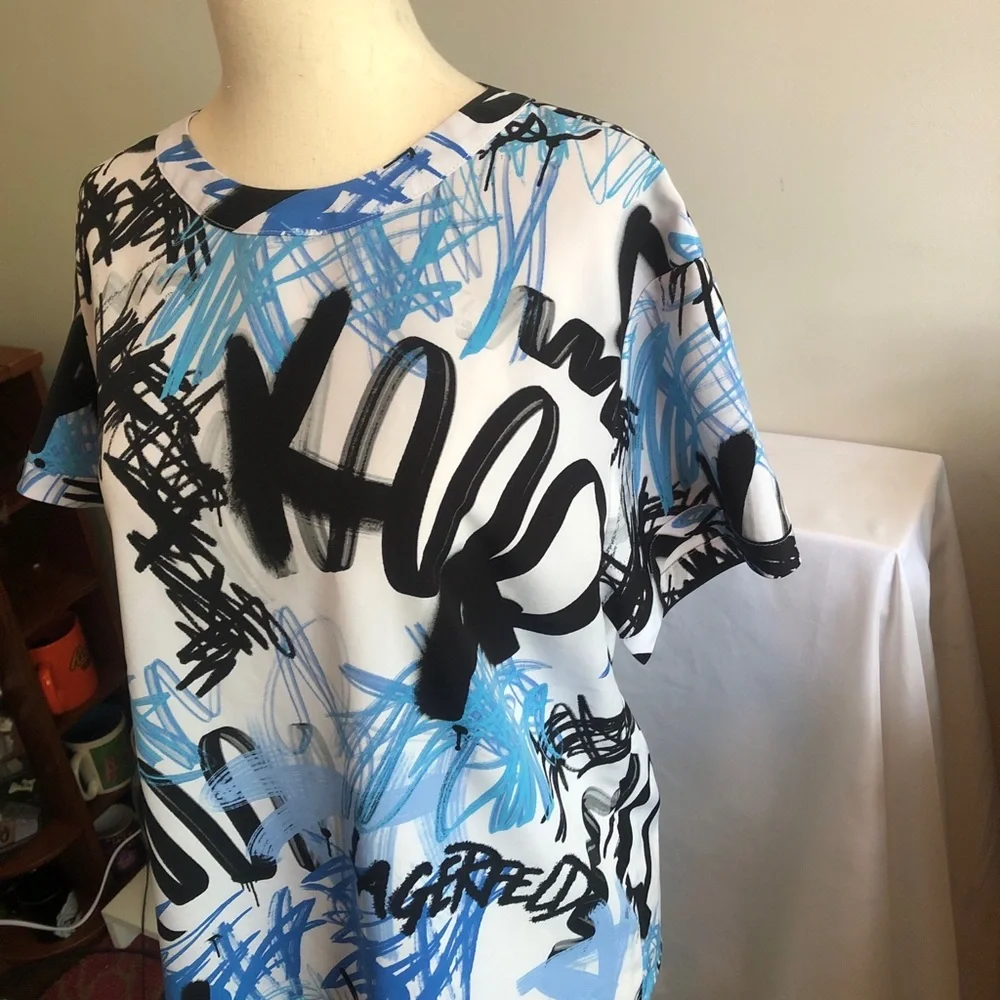 Karl Lagerfeld White Tee with Blue and Black Graffiti Print - Picture 10 of 11